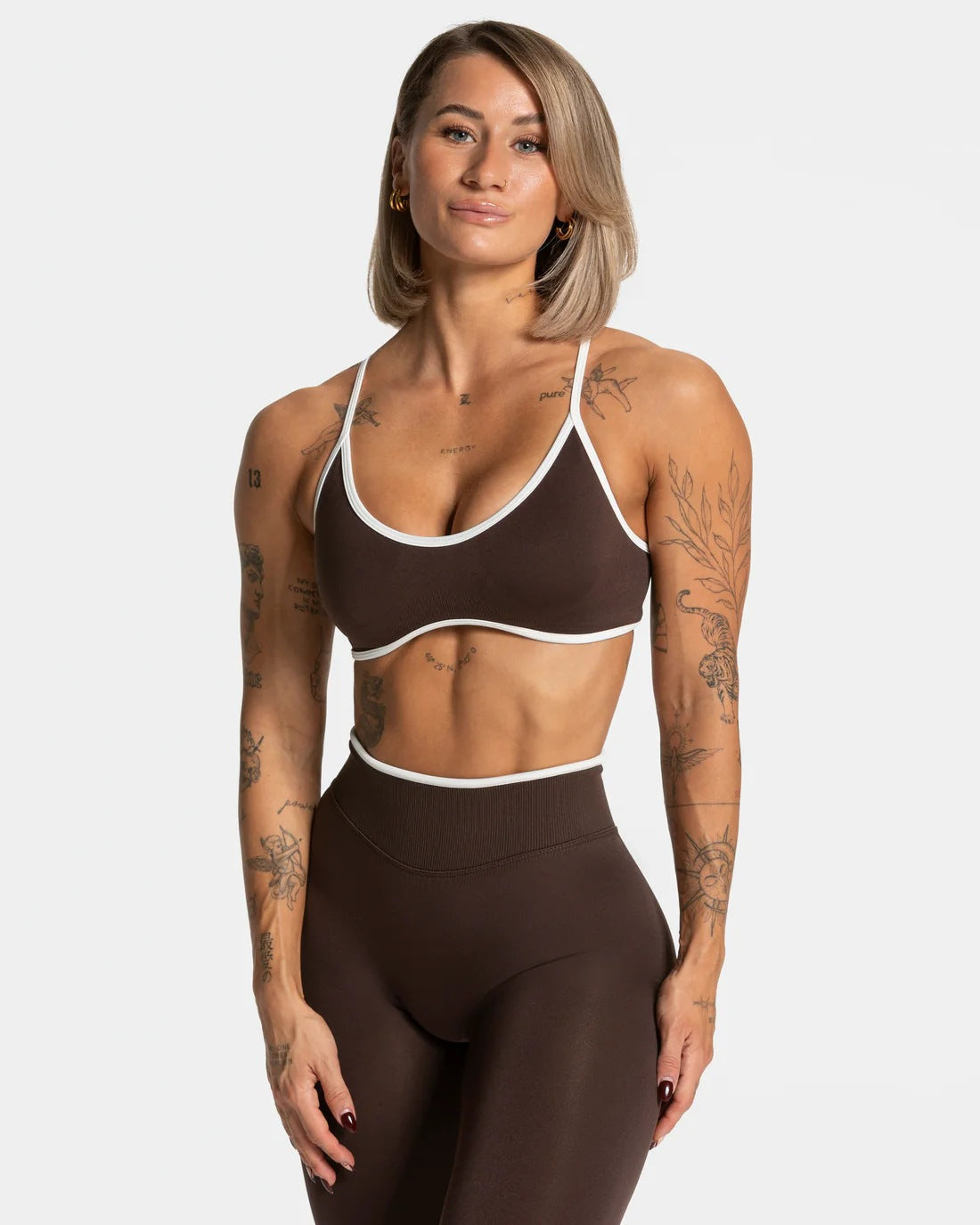 Strappy tank layered over the bralette with matching high-waisted bottoms