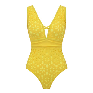 Women's cut-out swimsuit on a clean studio background, full view