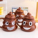Glossy brown ceramic poop emoji mugs with pointed lids and printed cartoon faces on a white shelf