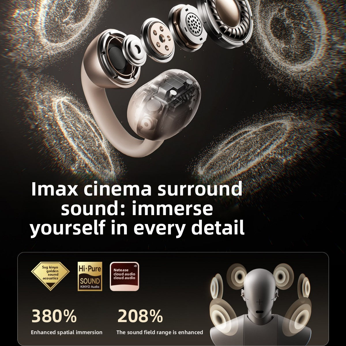 Exploded view of an open ear earphone showing its internal driver and housing parts