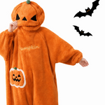 Orange coral fleece pumpkin onesie with pumpkin hood, Pumpkin lettering and jack-o'-lantern belly patch