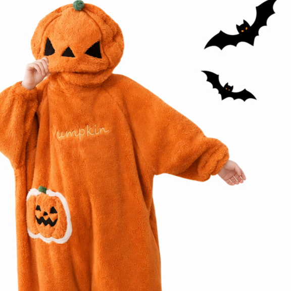 Orange coral fleece pumpkin onesie with pumpkin hood, Pumpkin lettering and jack-o'-lantern belly patch