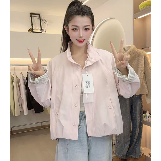 Womens casual button front short jacket in khaki, full jacket view
