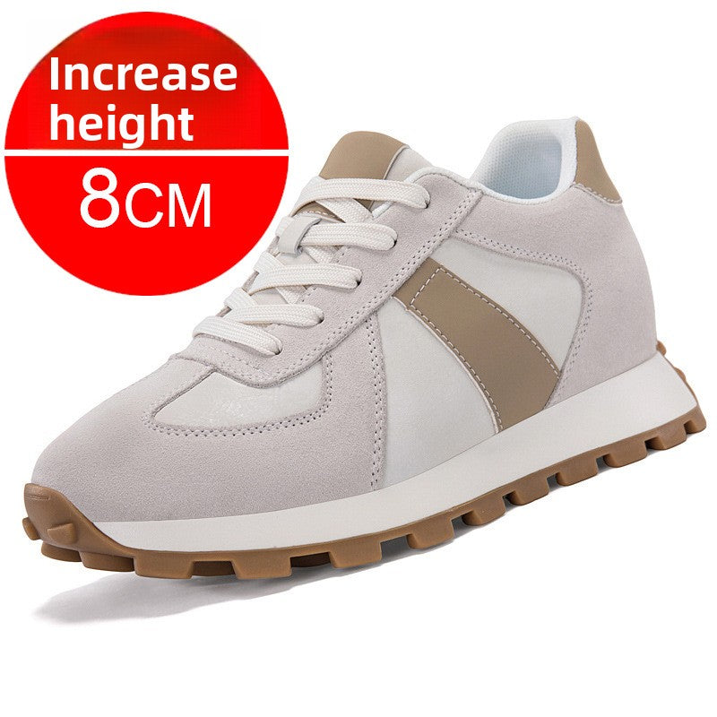 Gray suede low top lace up sneaker with a taupe stripe, 8 cm inner lift option, size 41