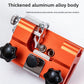 Angled view of the orange aluminium chain sharpener showing the steel clamp and star knobs
