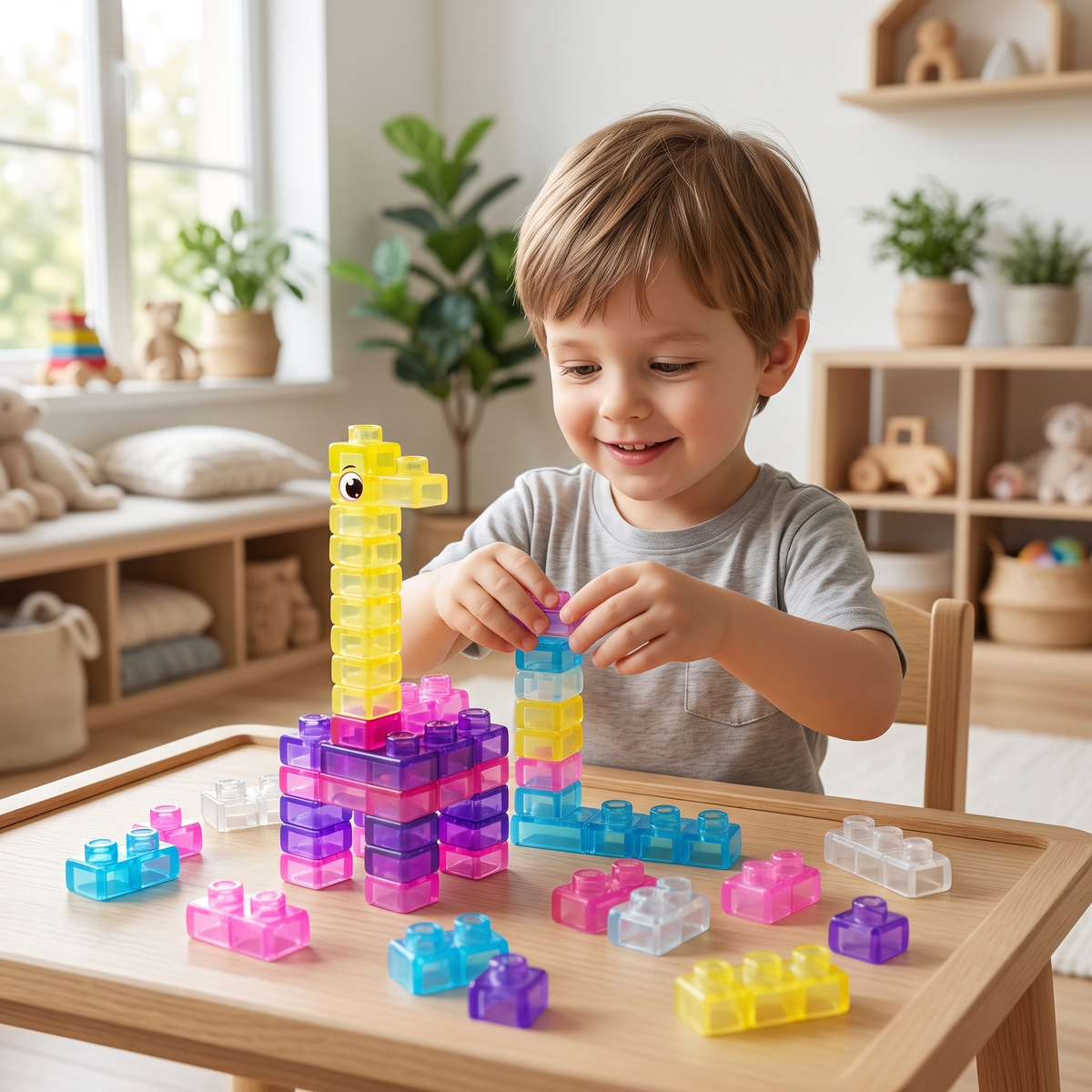 Child building a translucent jelly block giraffe in a bright playroom