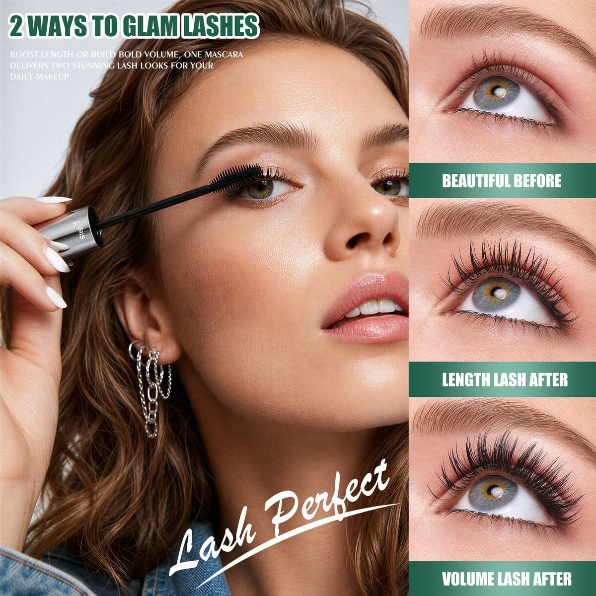 Dual ended waterproof black mascara, silver tube with a fine brush and a dense brush for length and volume