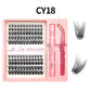 Lash cluster style CY18 in a 10 row tray with dual-ended glue pen, tweezers and a close-up of the cluster shape