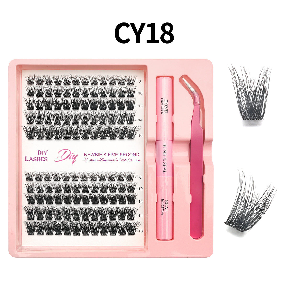 Lash cluster style CY18 in a 10 row tray with dual-ended glue pen, tweezers and a close-up of the cluster shape