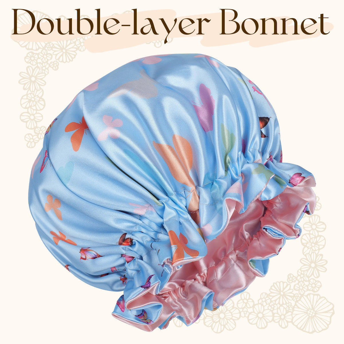 Light blue butterfly print double layer satin hair bonnet with a ruffled contrast edge