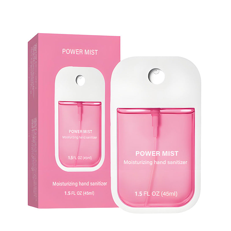 Pink POWER MIST paper box next to the matching flat 45 ml spray bottle in its white moulded shell