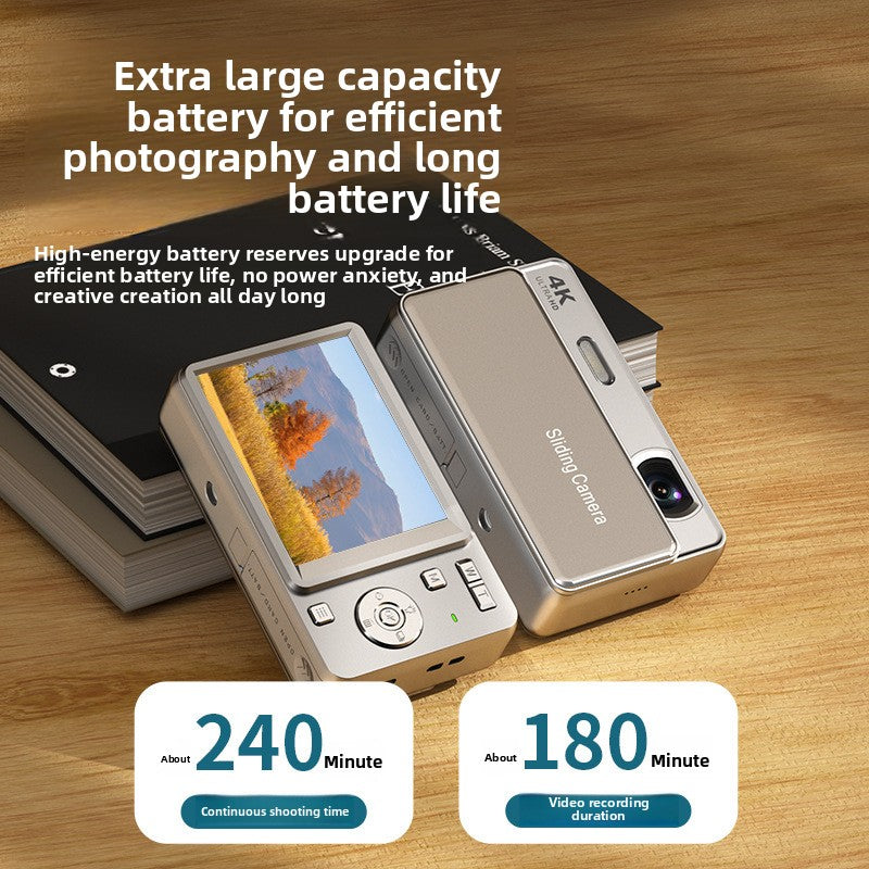 Compact digital camera side profile showing slim body and USB charging port