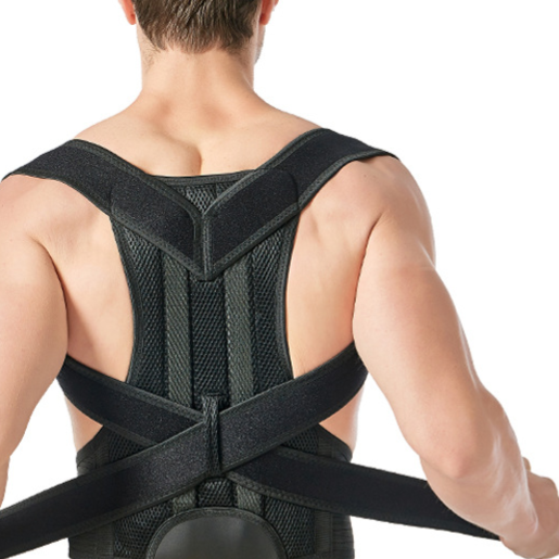 Black back belt from behind with padded shoulder straps and a mesh back panel