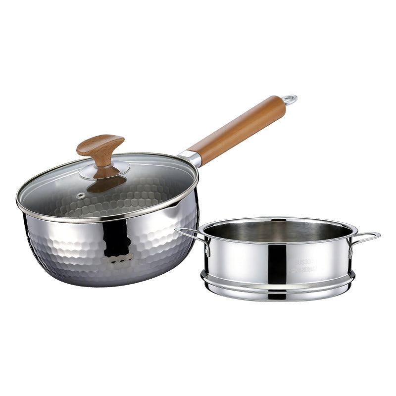 Pure titanium hammered snow pot with a wooden handle and dual pouring spouts