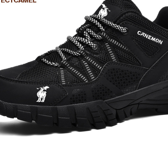 Black mesh low top hiking style shoe with lugged rubber sole, Black, size 41 option
