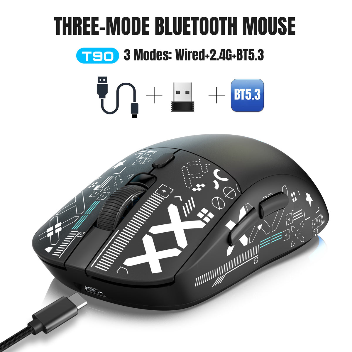 Black T90 gaming mouse with a braided Type-C cable and the three connection modes listed above, Water Transfer Black option