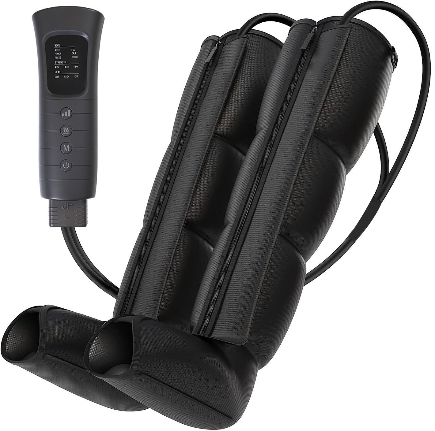 Black air compression leg and foot massage boot beside its wired button handset on a white background