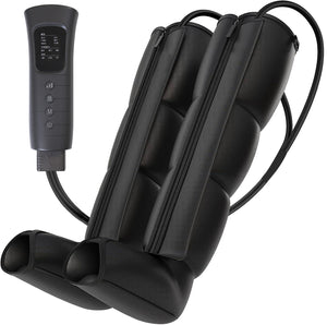 Black air compression leg and foot massage boot beside its wired button handset on a white background