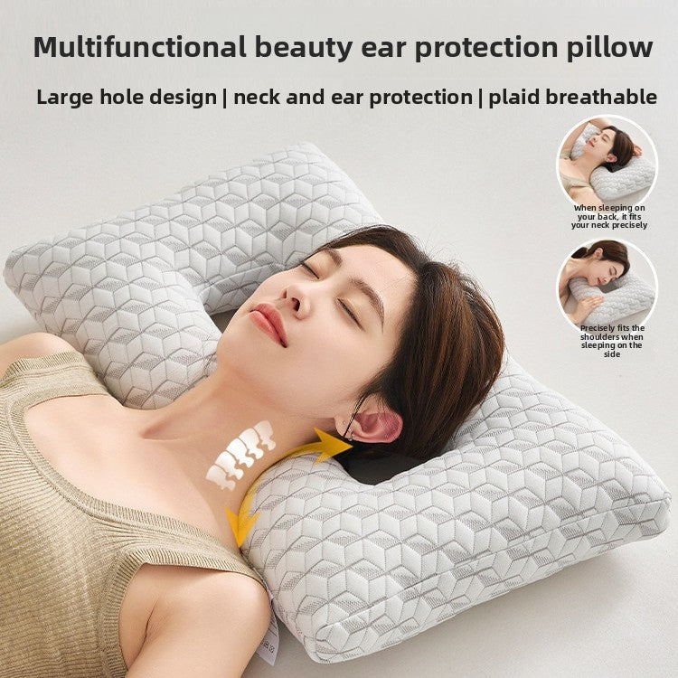 Contoured cotton side sleeper pillow with a hollow ear relief center and neck ridge, striped