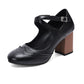 Black brogue Mary Jane block heel pump with cross ankle strap on white, EU size 39 option