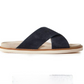 Navy suede cross-strap slide sandal in side view with a suede footbed, tan welt and cream sole