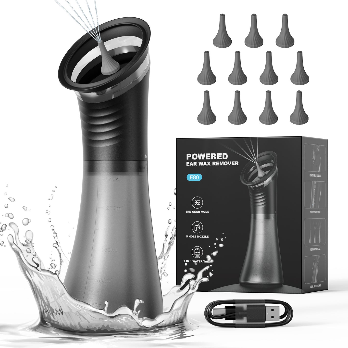 Electric ear irrigation wax remover with graduated water tank, 12 silicone tips and box