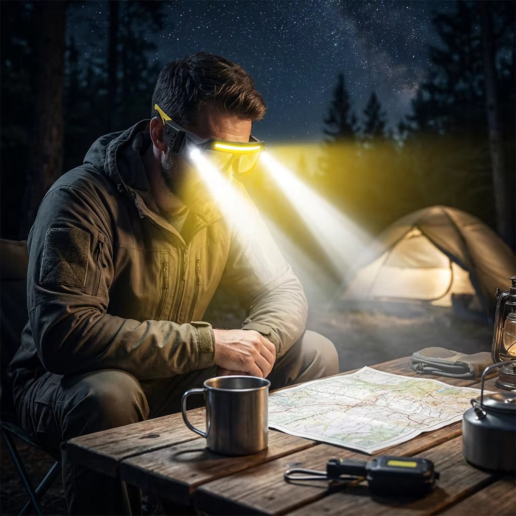 Front view of sensor LED headlight glasses measuring nineteen centimetres wide