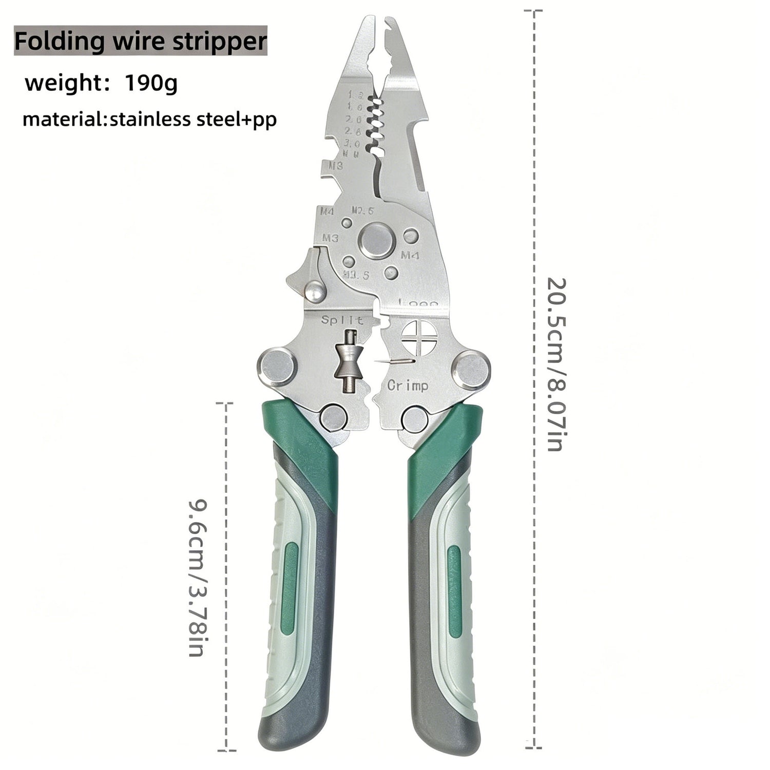 Close view of the marked wire strip notches from 1.2 to 3 millimetres on the steel head