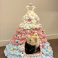 Cream White Flesh Pink Water Blue kit: pink and blue chenille pet house with a star outline and a yellow bow