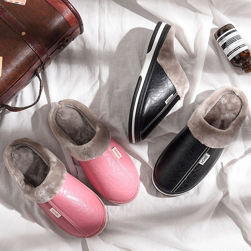 Plush warm home slipper with a PU upper, plush lining and thick anti slip sole, assorted colors