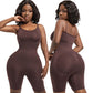 Brown seamless cami bodysuit on a model, front and back views over mid thigh short legs