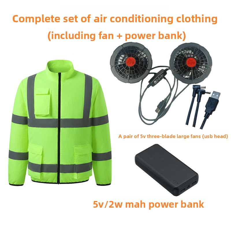 Fan cooling work garment shown with USB fans, cable, and rechargeable bank