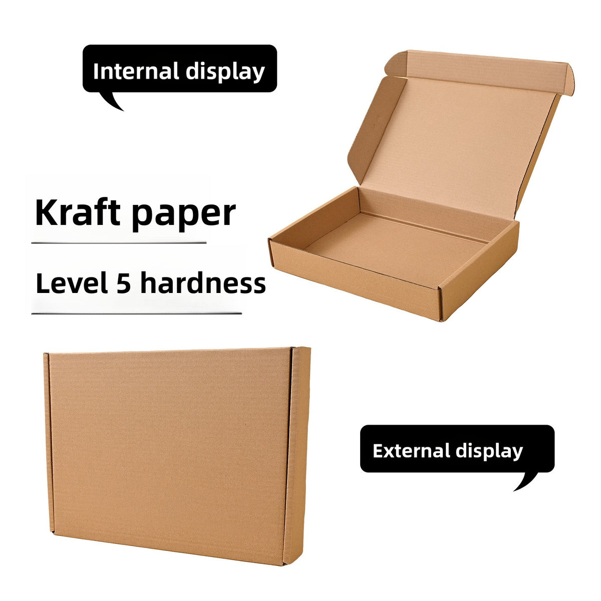 Open and closed kraft mailer boxes labelled Kraft paper and Level 5 hardness, 35*35*6cm five-level super hard