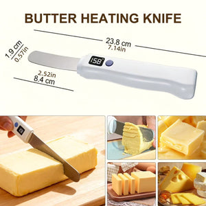 Heated butter knife with white handle and stainless steel blade