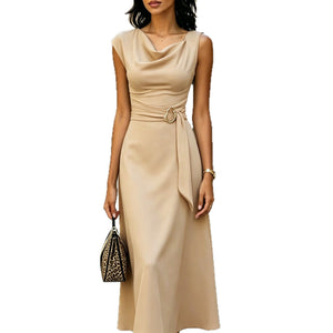 Front view of the sleeveless midi dress showing the draped asymmetric neckline and gathered waist