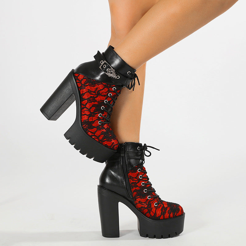 Womens platform ankle boot shown on foot with a chunky block heel and lug platform