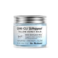 Closed silver-lidded jar of blue whipped tallow and honey face balm on white