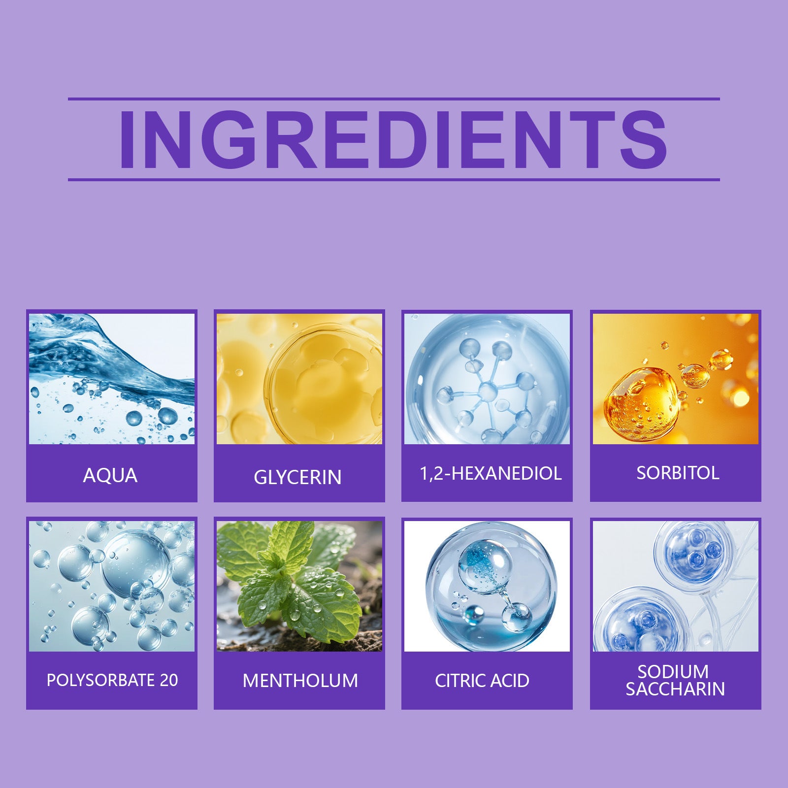Ingredient panel for the purple mint mouthwash with aqua, glycerin, sorbitol and menthol