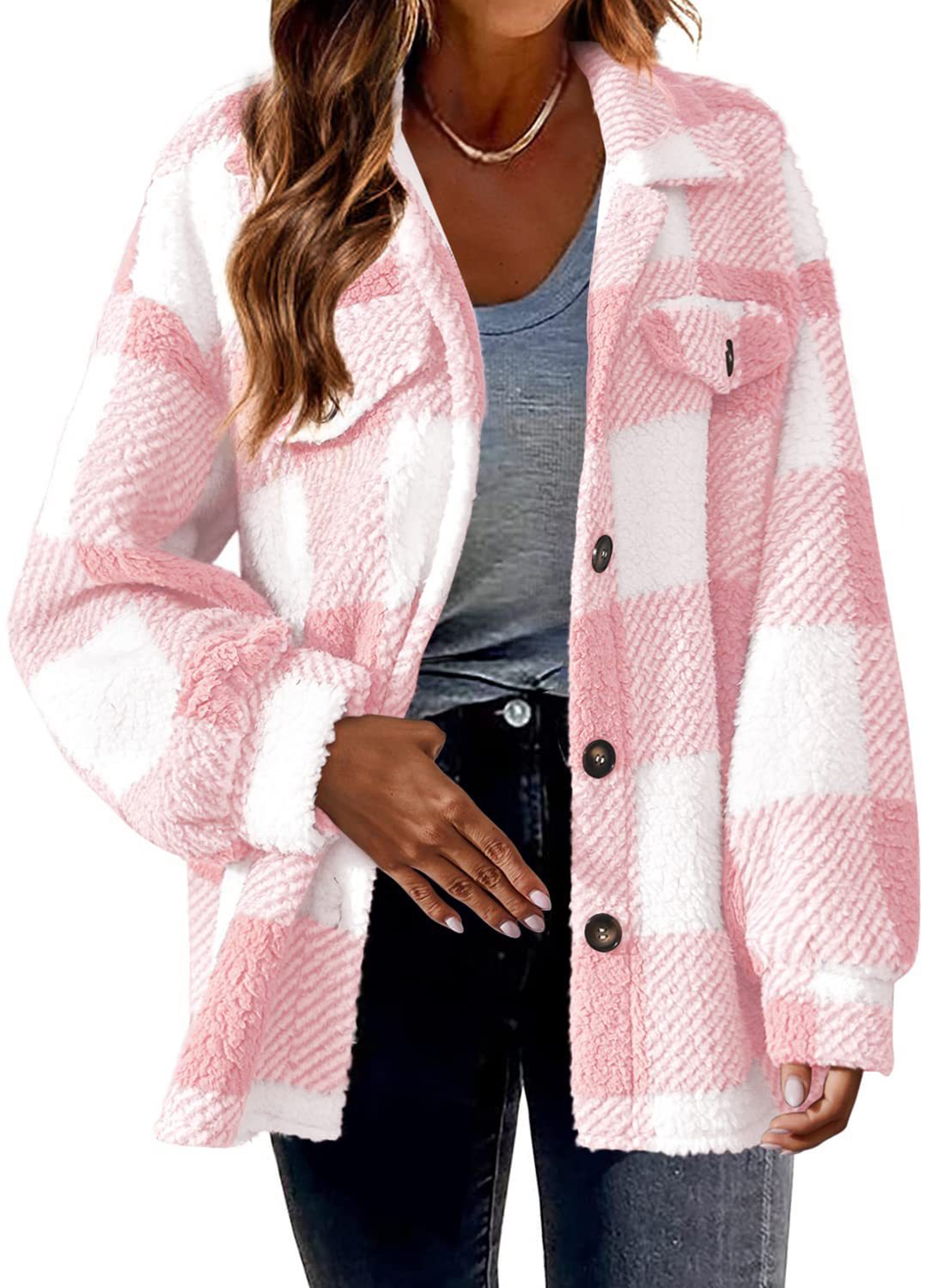 Plaid fleece jacket worn open, dark buttons running down the front placket in view