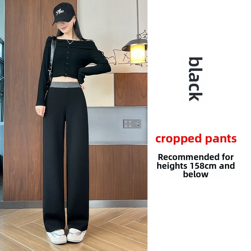 Black high-waisted fleece-lined wide-leg pants, cropped length for heights 158 cm and below, size S option