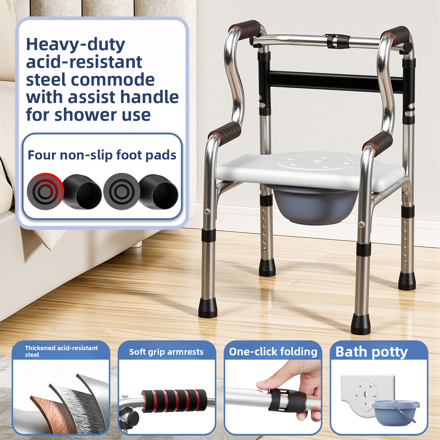 Acid resistant steel walking frame with commode bucket set up for shower use