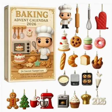 Baking advent calendar 2026 box beside a sheet of baking themed ornaments with a chef, cookies and cakes