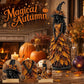 Magical Autumn graphic with the leaf gown witch statue by a fireplace and three detail panels