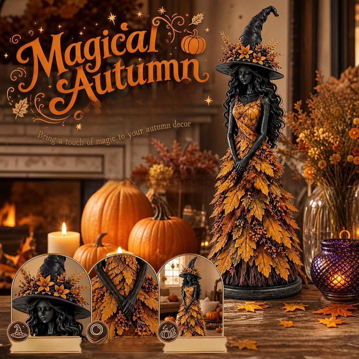 Magical Autumn graphic with the leaf gown witch statue by a fireplace and three detail panels