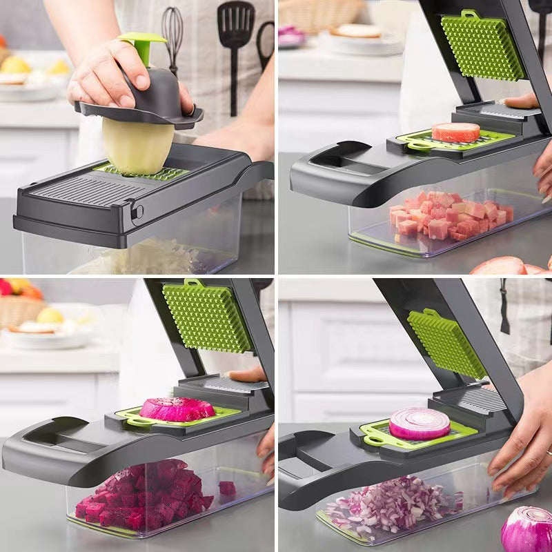 Vegetable chopper dicing grids and slicing blades laid out beside the container