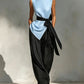 Secondary close up of the wide-leg pants hem and seam