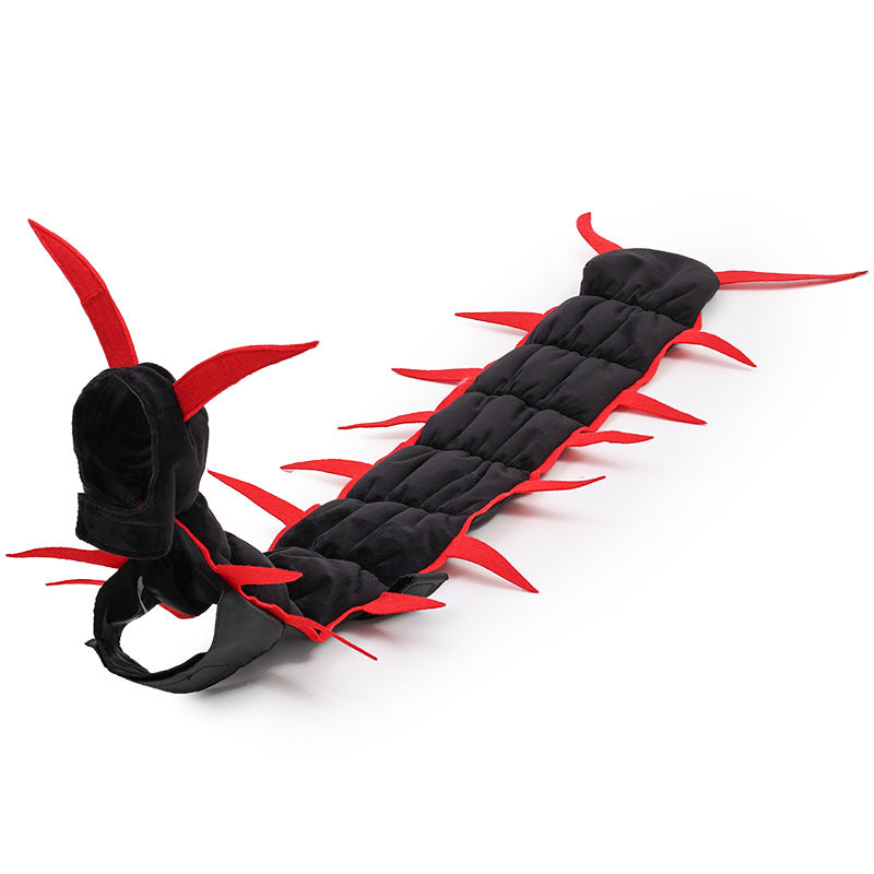 Close view of the padded black body segments and pointed side legs of the pet costume