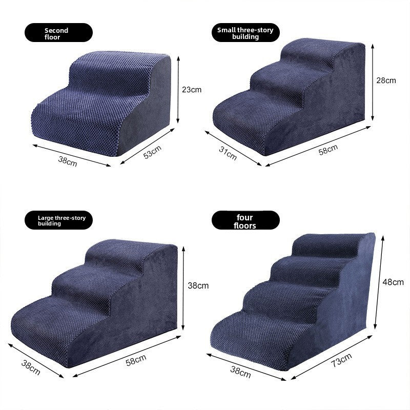Navy Blue foam pet stairs in four sizes with measurements, option photo for L5 87x40x62cm