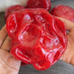 Red watermelon squishy ball pressed deep into a palm, black seeds and pale ice flecks visible