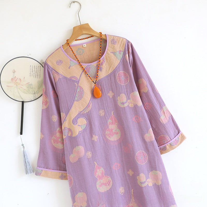 Close-up of the soft cotton gauze weave and calabash gourd print on the nightgown